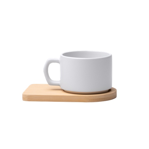 Taza blanca con soporte de madera