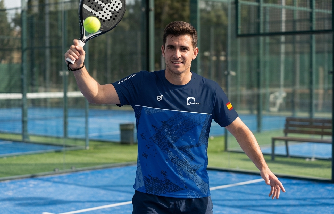 Jugador de pádel con camiseta técnica personalizada para torneo de despacho
